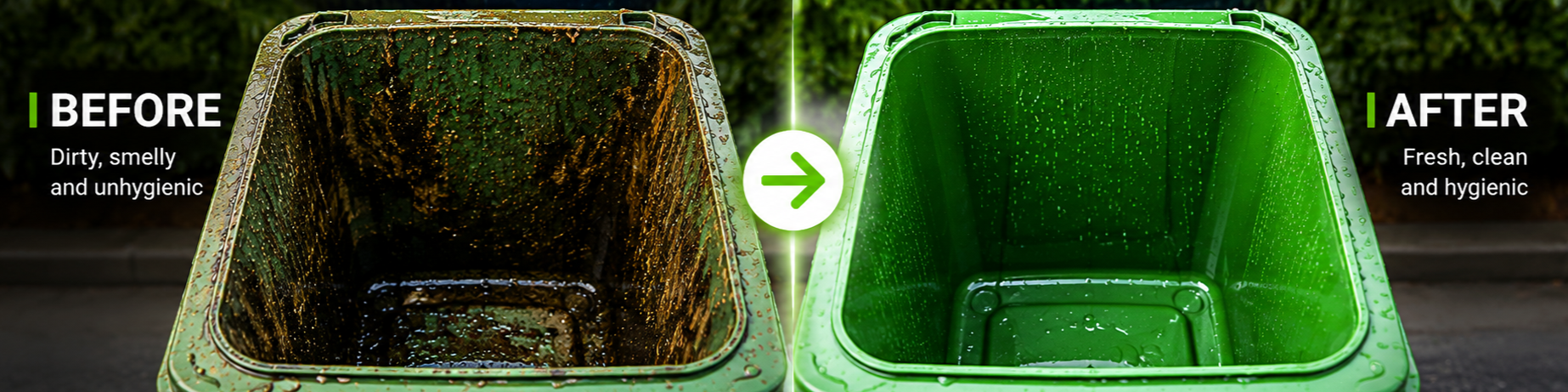 Before and after green wheelie bin cleaning result